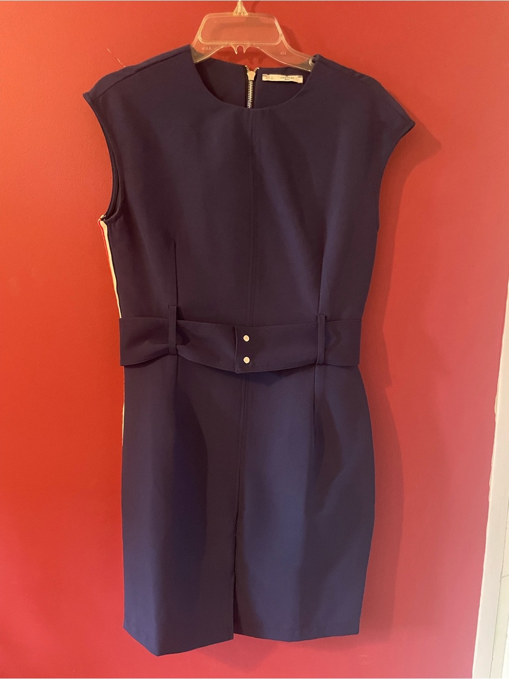 Navy Cap-Sleeve Belted Mini Dress